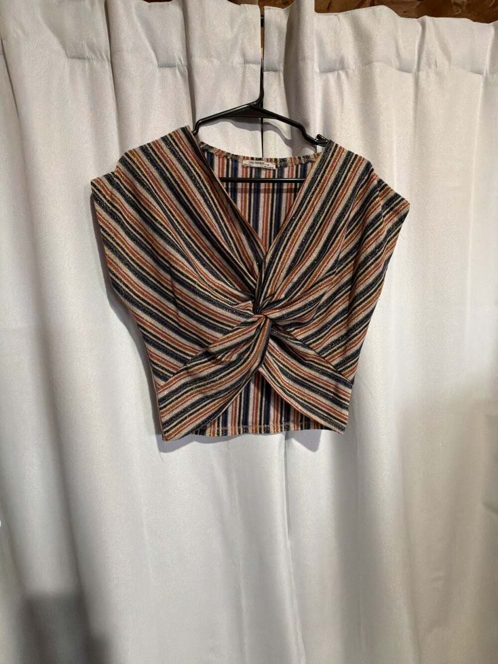Zara Trafaluc Multicolor Glittery Striped Knot Front Crop Top S